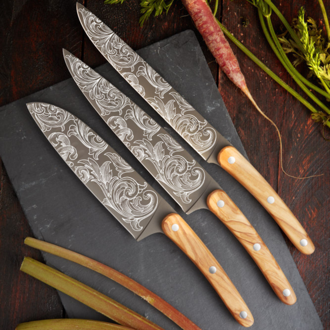 Deejo Floréal Messenset – 3-delig (Carving, Chef & Santoku)