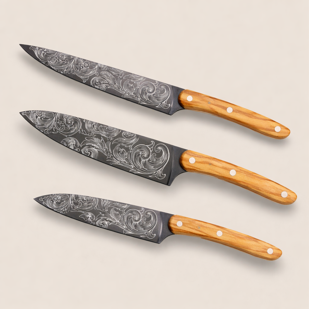 Deejo Floréal Messenset – 3-delig (Carving, Chef & Santoku)